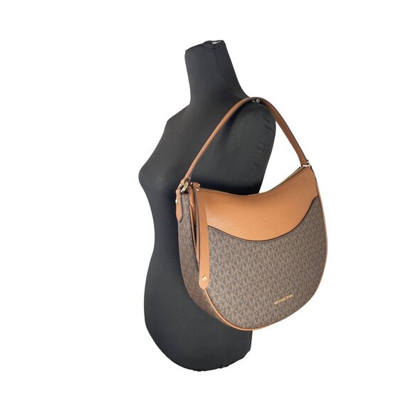 NEW Michael Kors Large Dover Half Moon Crossbody Bag Brown PVC/Leather Shoulder - Picture 2 of 5